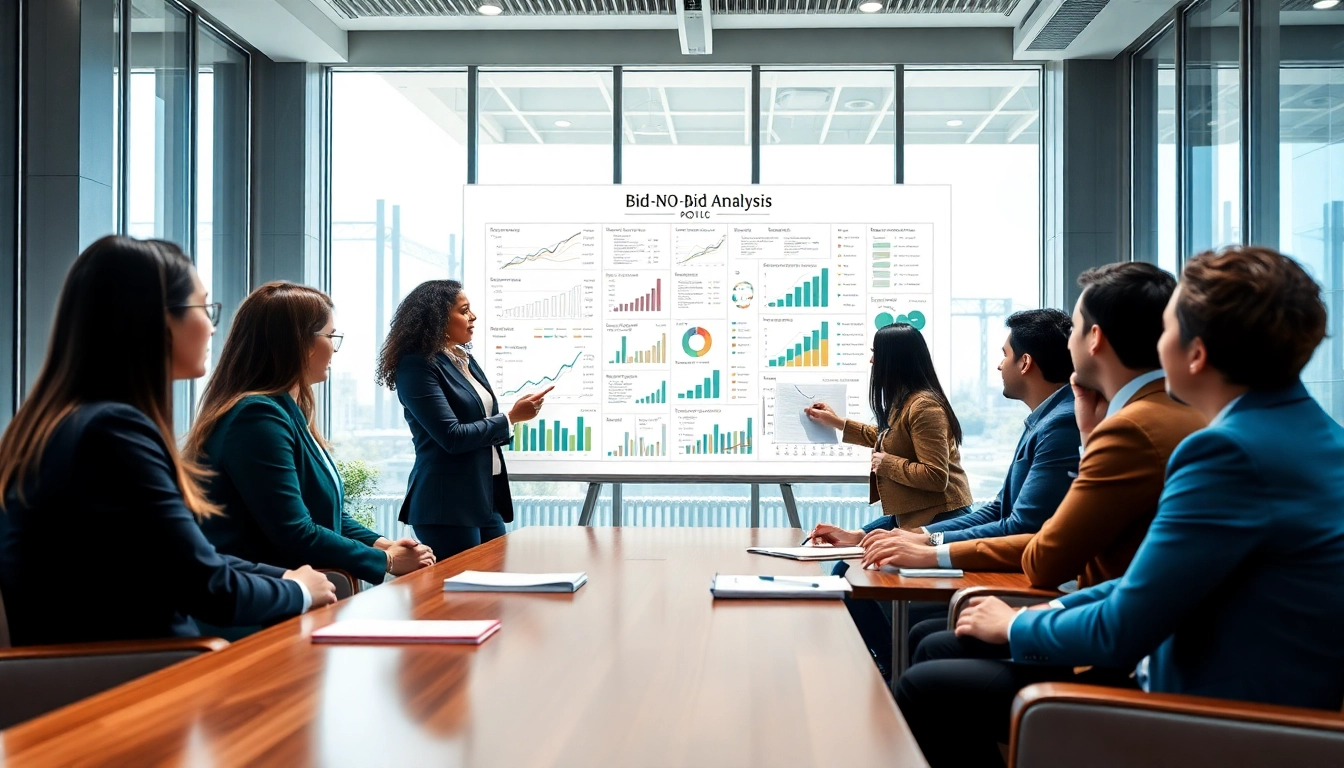 Engaging Bid-No-Bid Analysis session with professionals collaborating in a modern conference room.