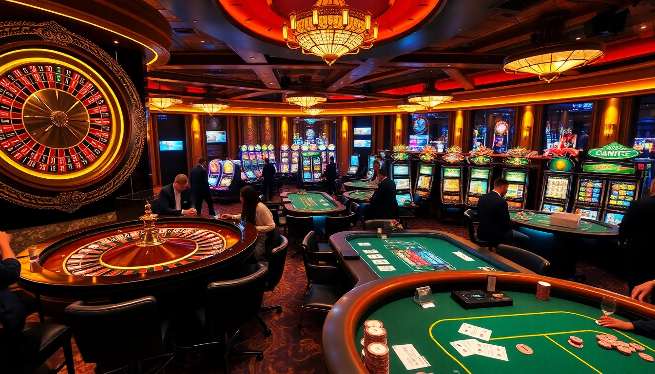 Scène passionnante dans un casino en ligne avec des tables de poker, de la roulette et des machines à sous vibrantes en action.