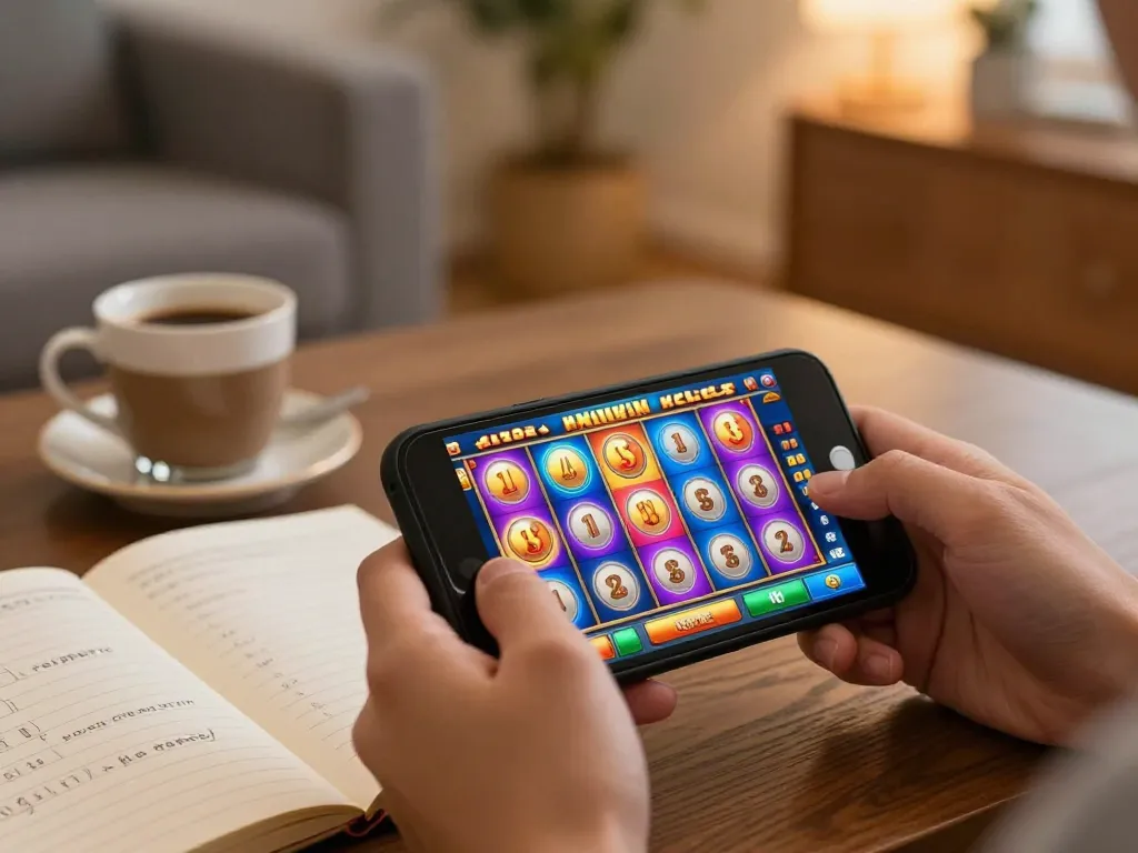 Engaging in slot gacor gameplay on a smartphone, showcasing spinning reels in vibrant online casino environment