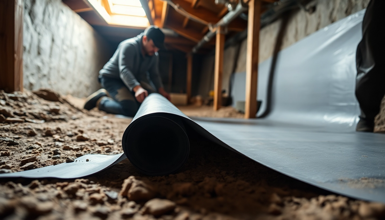 Vapor Barrier Installation by a technician in a crawlspace with detailed work focus.