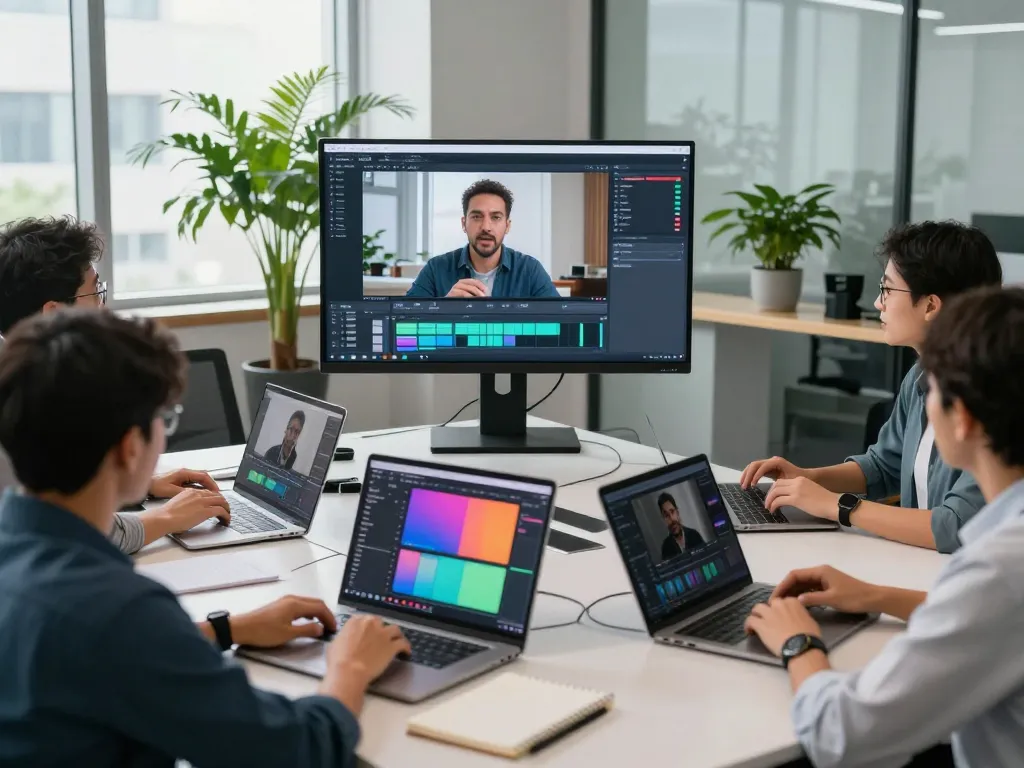 Collaborative video to prompt analysis in a high-tech office environment showcasing professionals transforming video content.