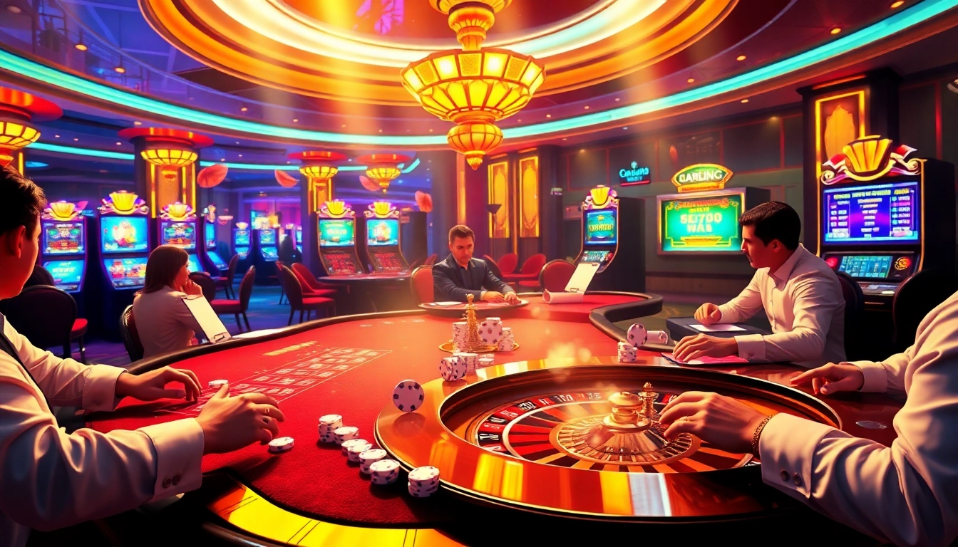 Players enjoy high-stakes games at the luxurious https://luckywin.fan/ casino, showcasing poker chips and roulette excitement.
