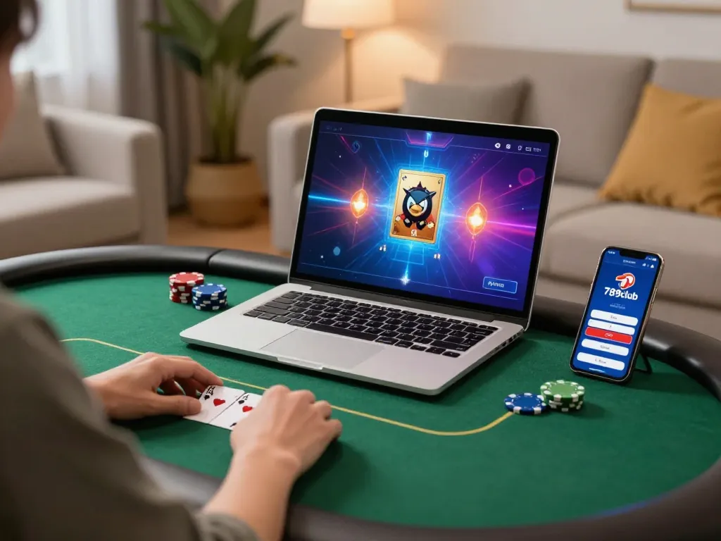 Engaged player exploring 789club online poker on a laptop while planning their next bet