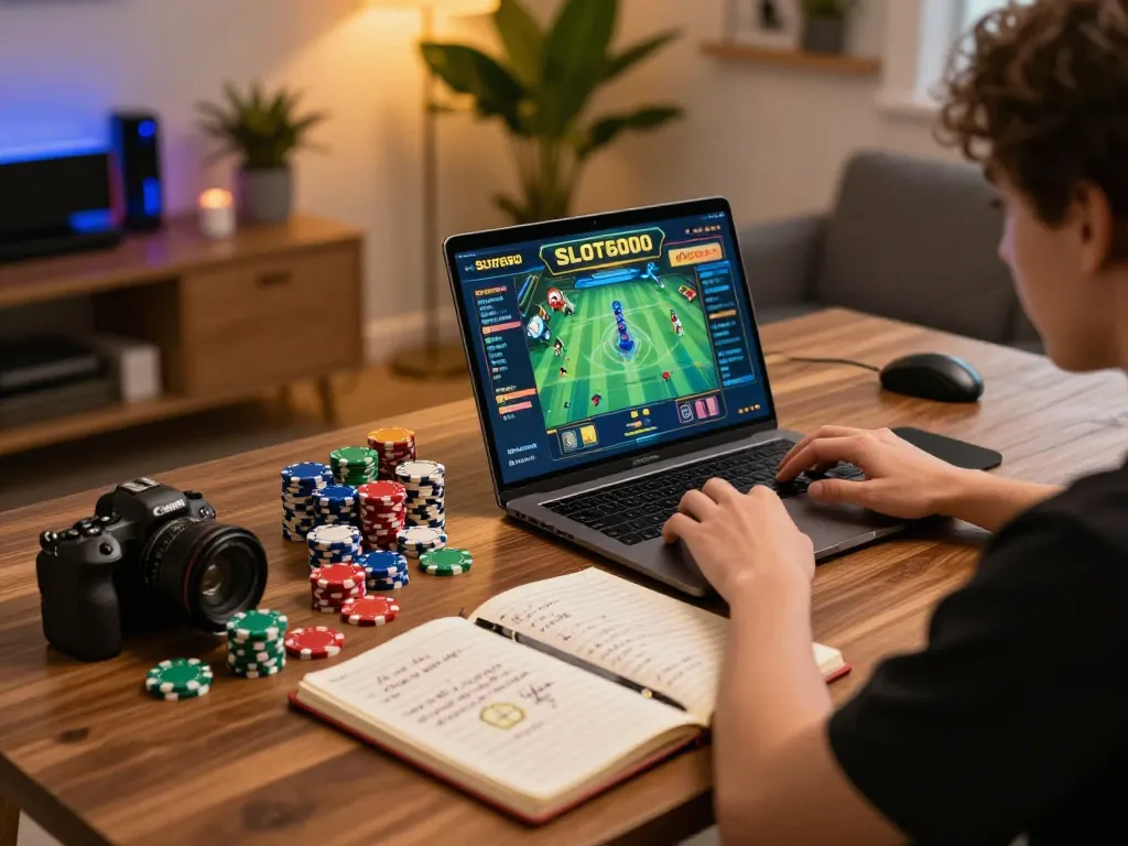 Engaging with the SLOT6000 game at home, showcasing a cozy online gaming setup.