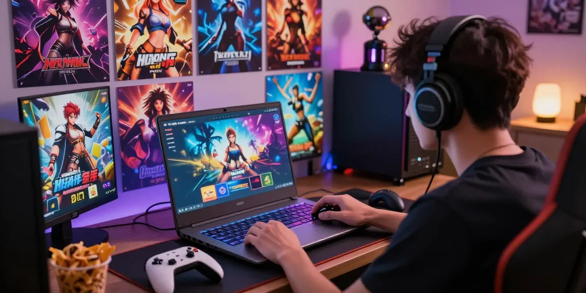 Engaged gamer playing HTML hentai game on a sleek laptop in a vibrant gaming room