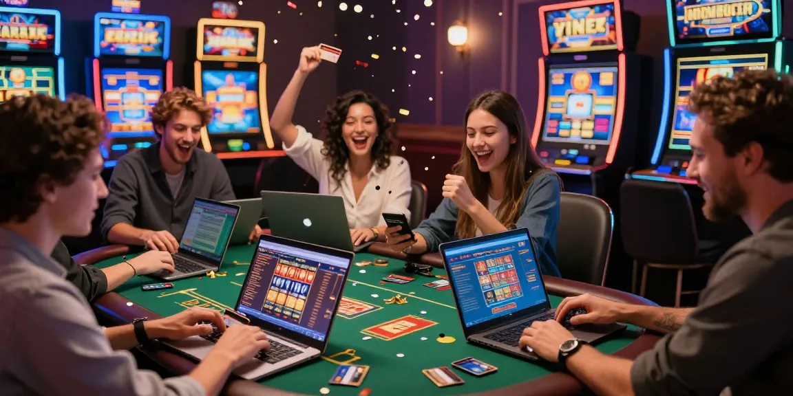 Excited players celebrating wins at casinos that accept credit cards in a lively online environment.