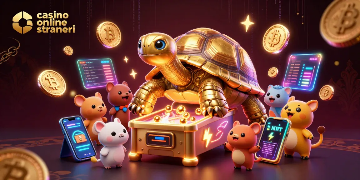 Prova divertente nei casino online stranieri con una tartaruga dorata e animali entusiasti in un'atmosfera colorata.