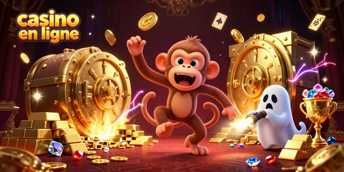Découvrez une scène animée de casino en ligne où un singe farceur jongle avec des objets dorés, attirant les joueurs.