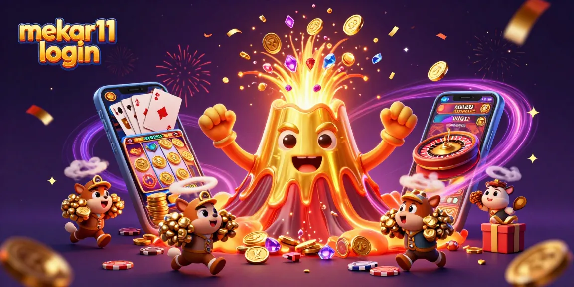 Engage with mekar11 login as the golden volcano erupts coins, showcasing thrilling slot games.