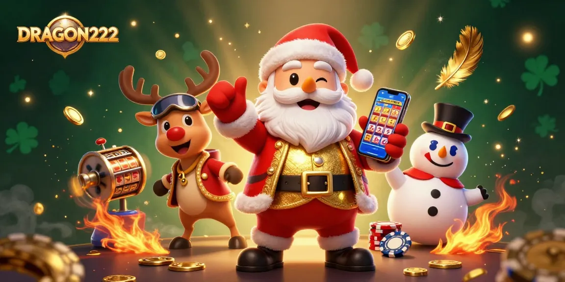 Experience thrilling wins with DRAGON222's jackpot slots amidst festive 3D casino characters.