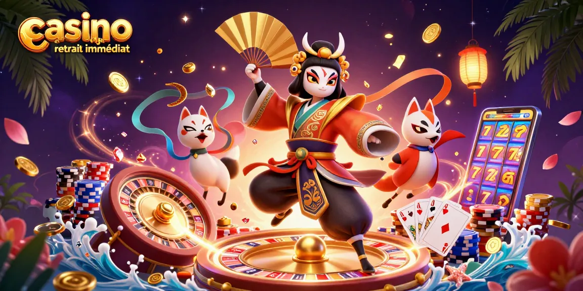 Illustration captivante pour casino en ligne retrait immédiat, avec guerrier kabuki, pièces d'or et roulette.