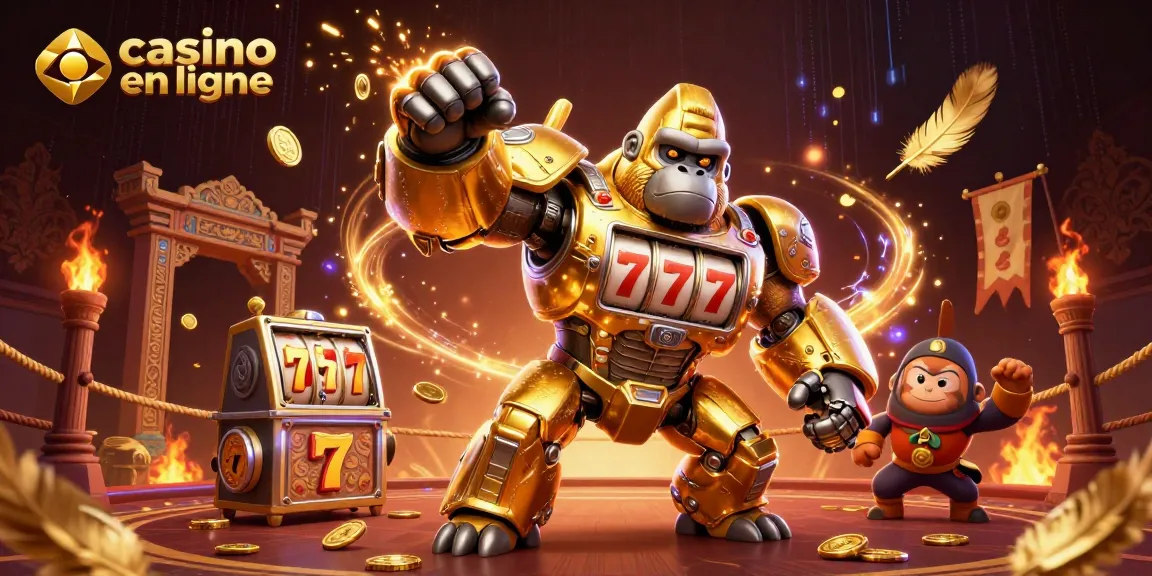 Illustration dynamique de jeu avec une machine à sous gorille mech et le texte casino en ligne, symboles de jackpot et d'adrénaline.