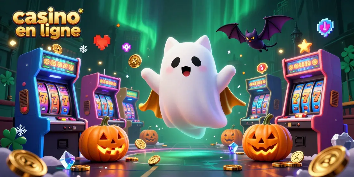 Découvrez l'excitation du casino en ligne avec un chat fantôme et des éléments de jeu colorés.