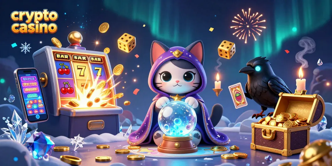 Le crypto casino enchante avec un chat mystique, des cartes et des flammes dans une scène dynamique.