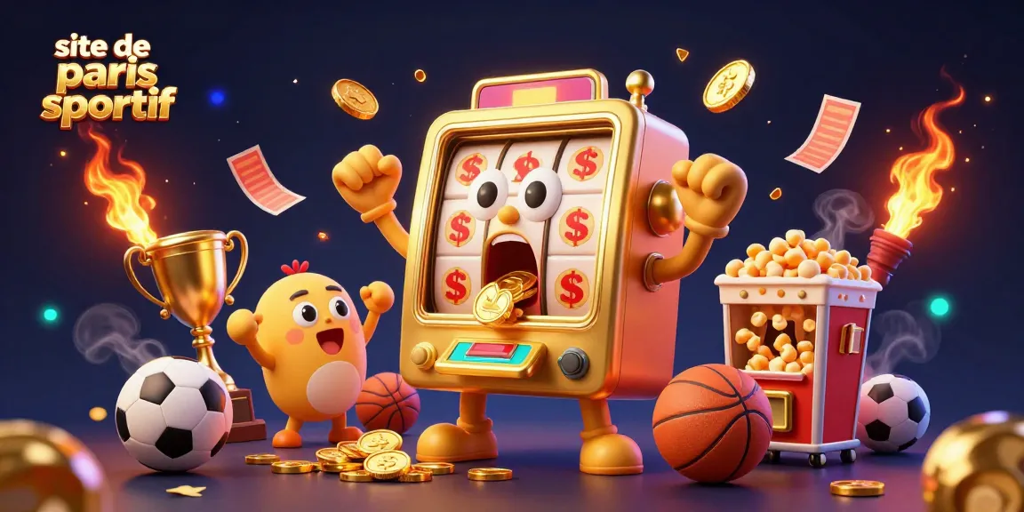 Pariez sur le site de paris sportif avec une machine à sous dorée révélant un jackpot et des ballons de sport.