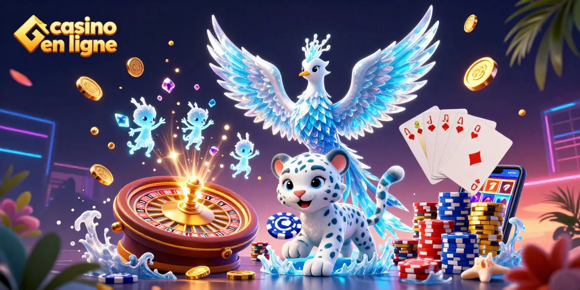 Jouez sur un casino en ligne avec une illustration captivante de personnages de jeux et de jets de lumière.