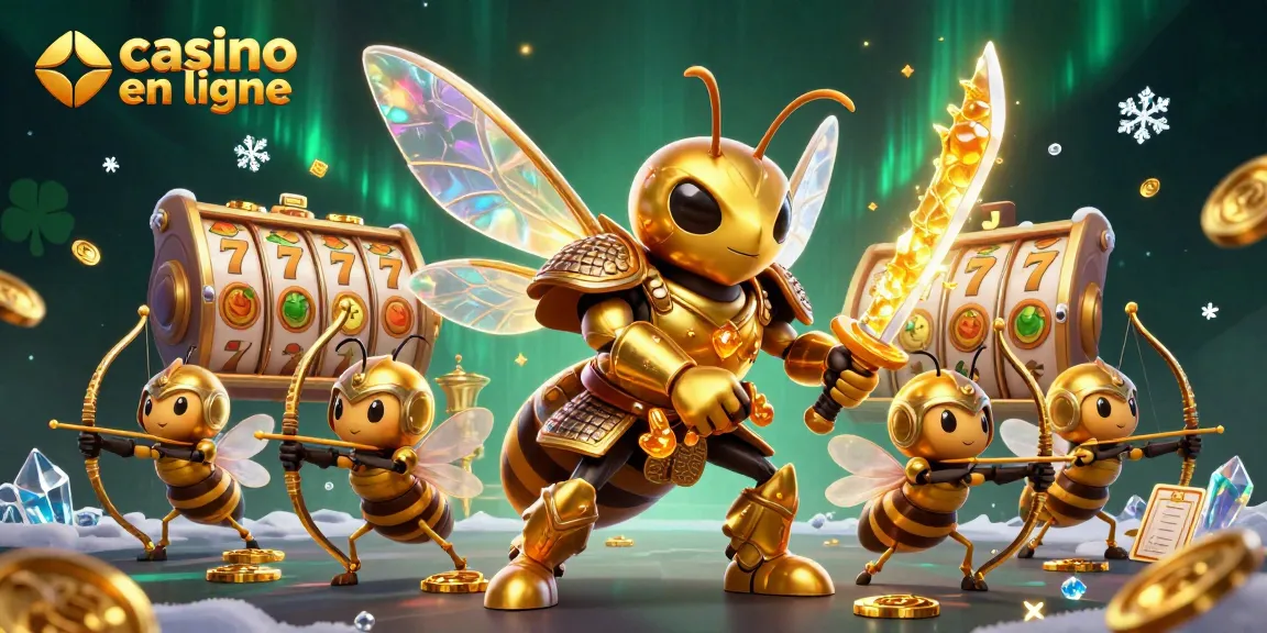 Jouez au casino en ligne avec une illustration captivante d'un hornet en armure de samouraï et des clichés de jeux.