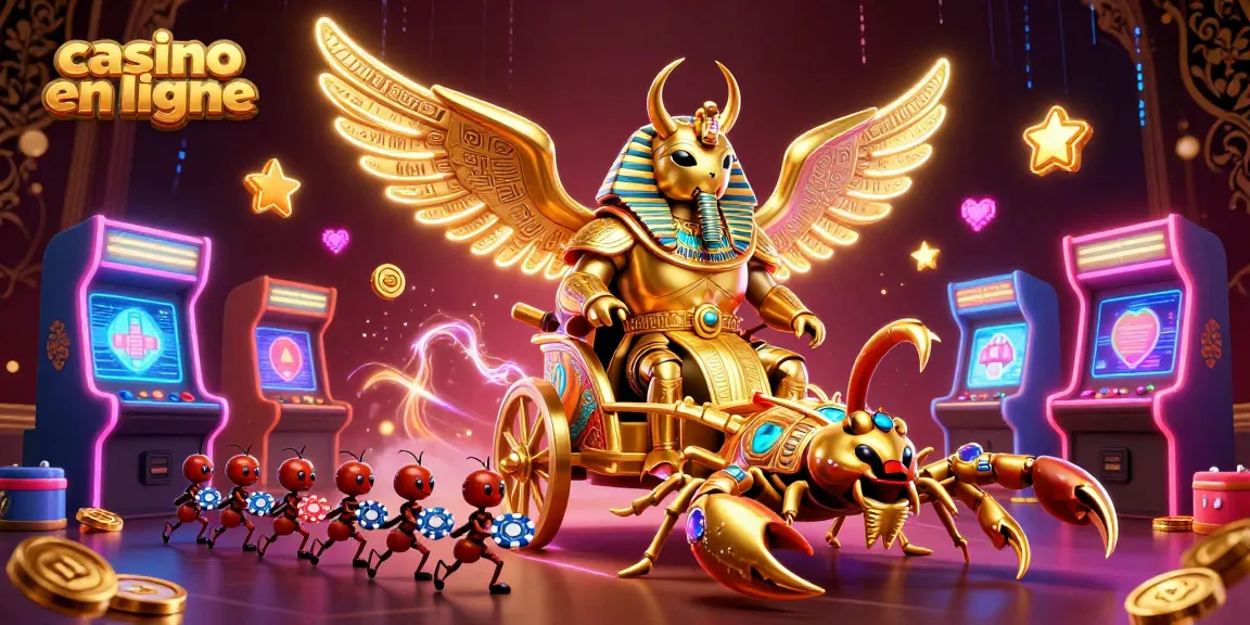 Découvrez une scène de casino en ligne vibrant avec un scarabée doré et des scorpions