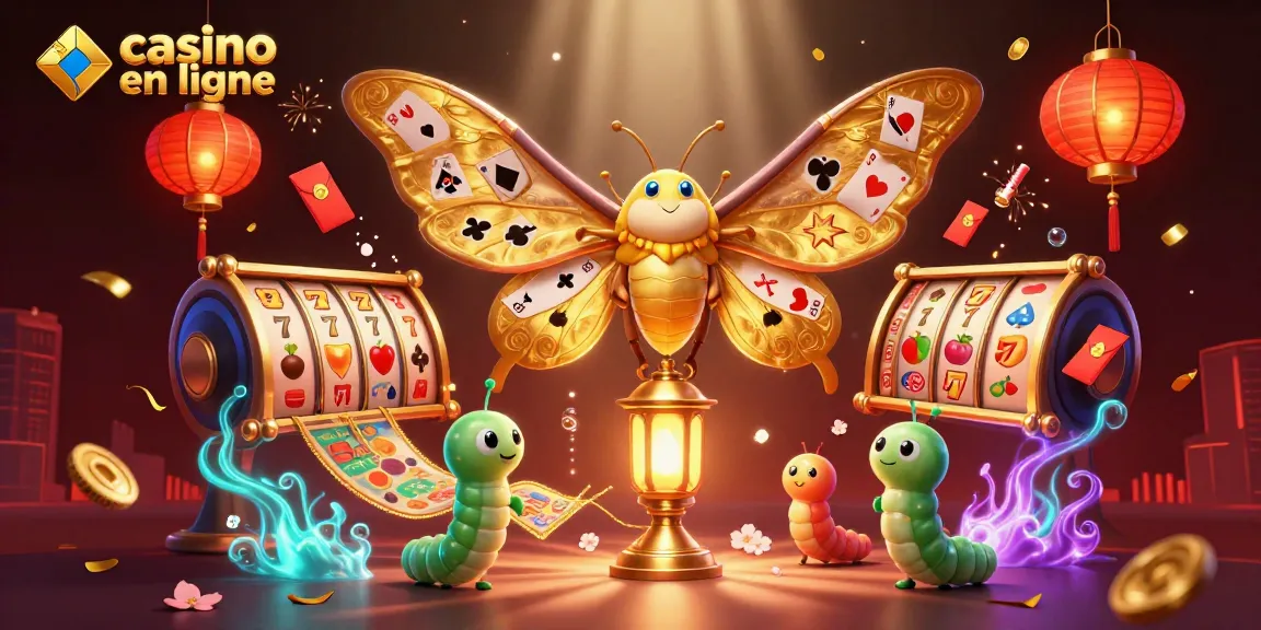 Illustration dynamique de casino en ligne mettant en avant un papillon atlas aux ailes dorées et des machines à sous.