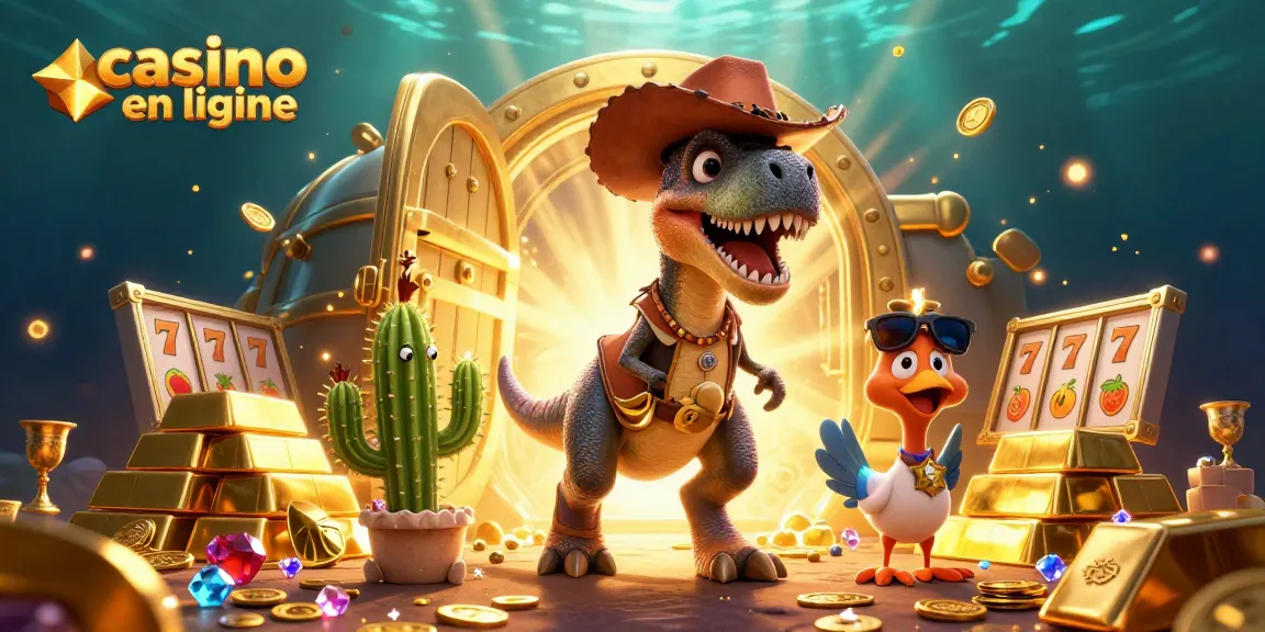 Visuel captivant de personnages de casino en ligne avec un T-Rex et un cactus, entourés de trésors