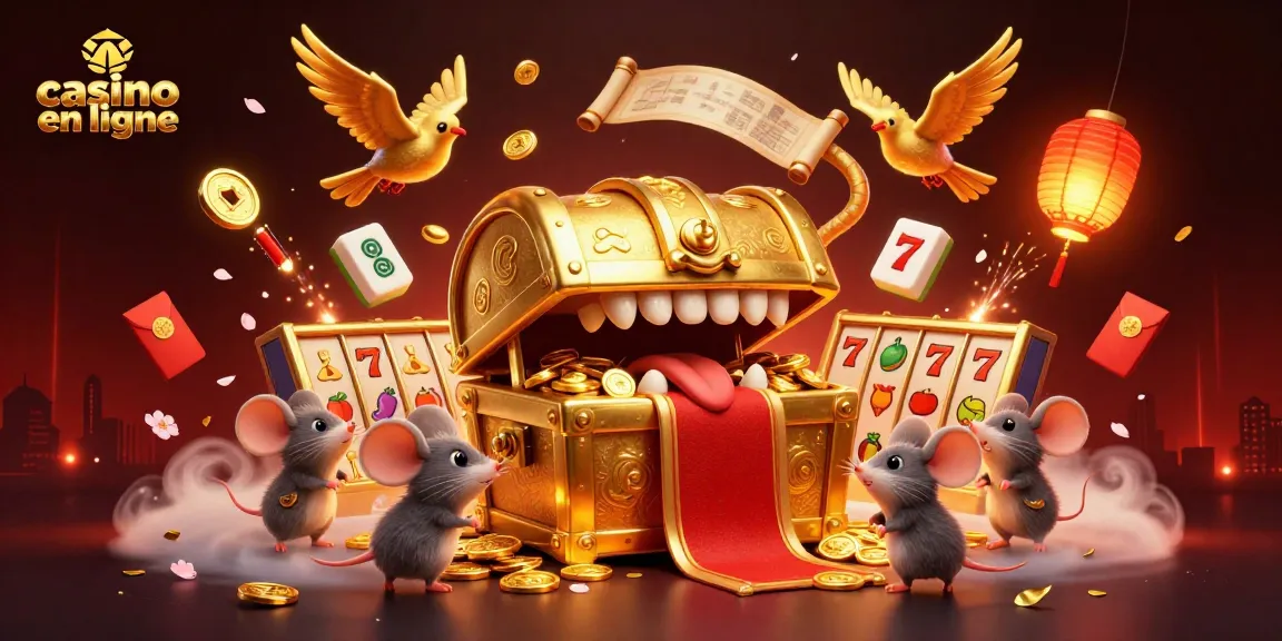 Scène captivante de casino en ligne avec des souris aventurières et un coffre aux trésors doré.