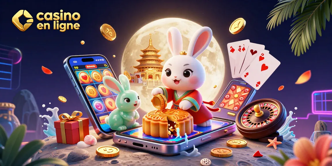 Illustration dynamique de casino en ligne avec un lapin lunaire et des jetons de poker cachés dans des gâteaux de lune.