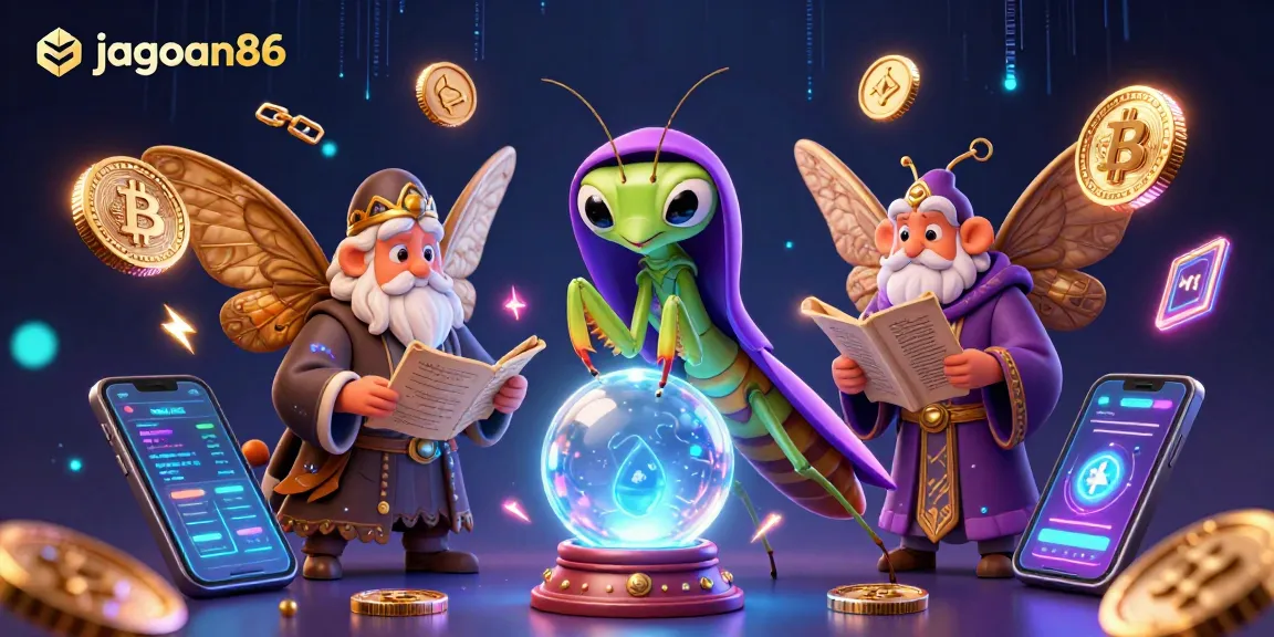jagoan86 presents a vibrant 3D casino scene featuring a fortune teller and glowing cryptocurrencies.