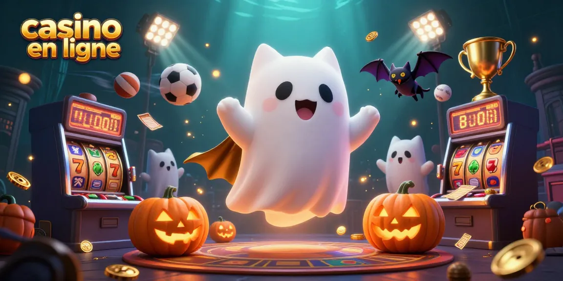 Visualisation d’un casino en ligne animé avec un chat fantôme et des éléments de jeux de machines à sous, représentant une expérience immersive.