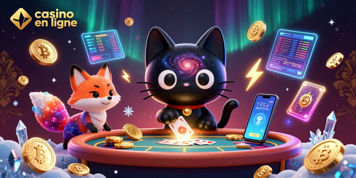 Des jetons d'or et des cartes de casino en ligne attirés par un chat noir gravitationnel dans un univers féérique.