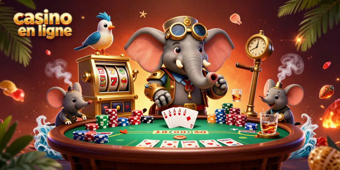 Illustration dynamique d'un casino en ligne avec un éléphant steampunk et un slot, montrant le plaisir du jeu d'argent.