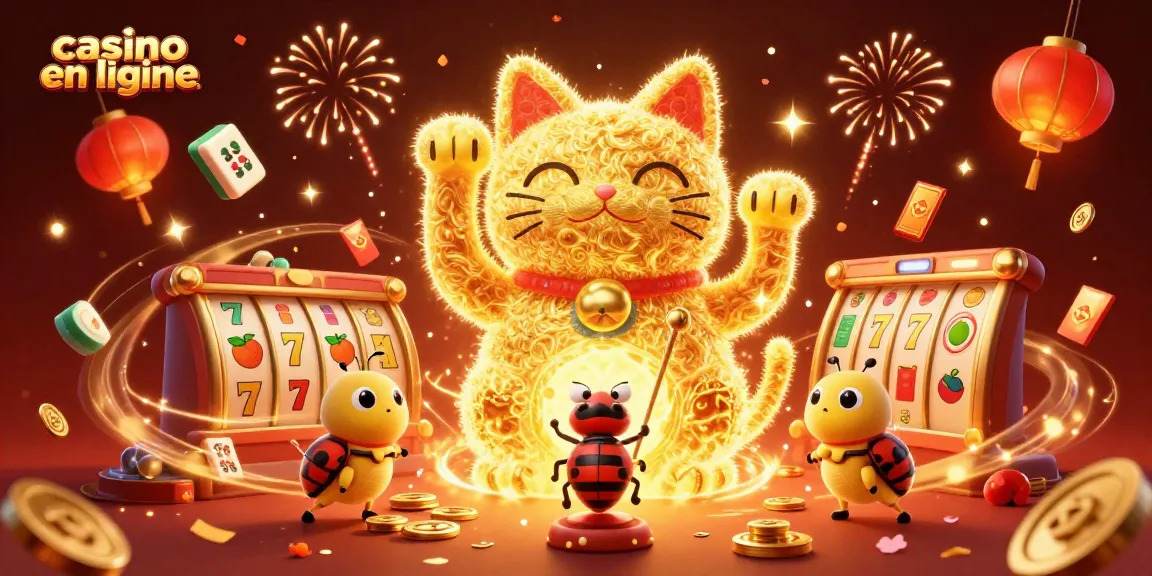 Plongez dans l'univers du casino en ligne avec un chat porte-bonheur et des symboles de jeu vibrant.