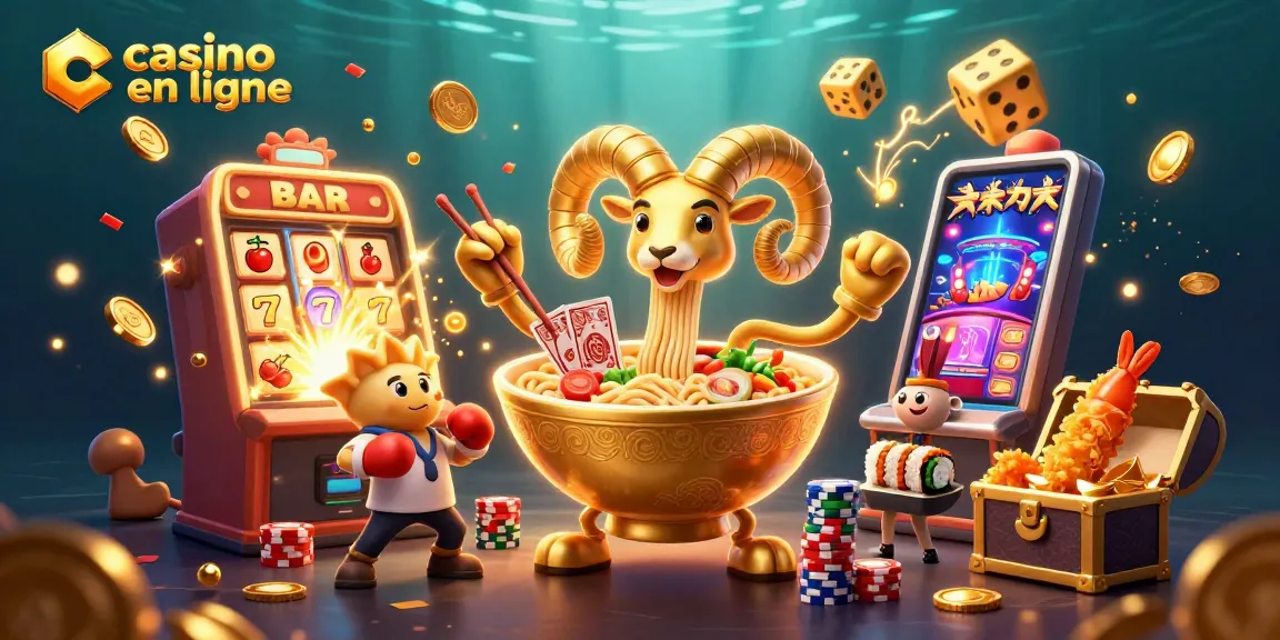 Le casino en ligne avec un bol de ramen en or géant, des jetons éparpillés et des personnages animés.