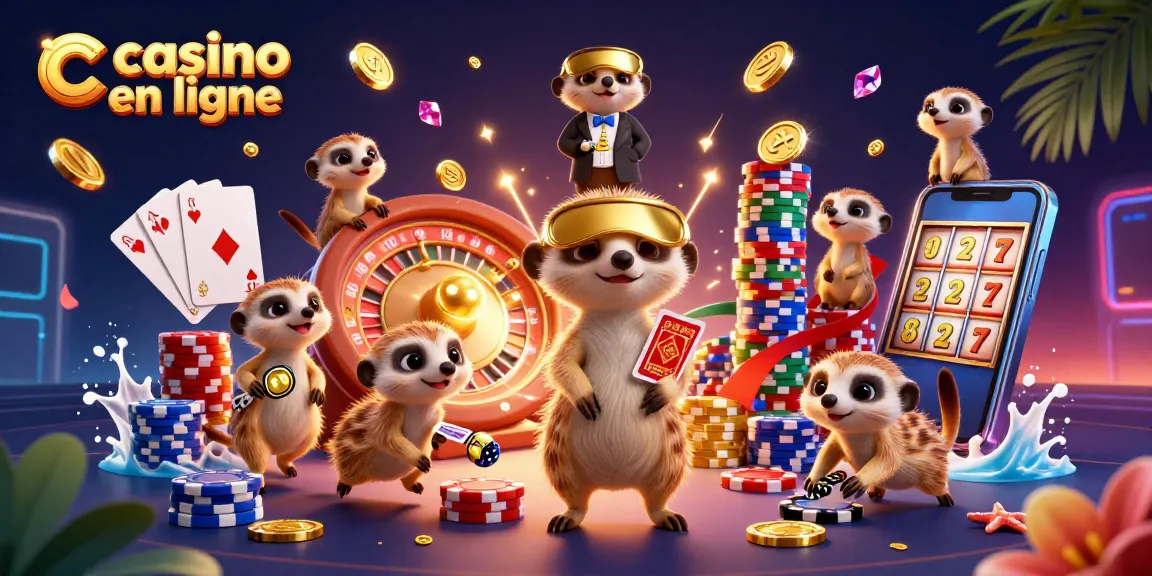 Les meerkats gèrent un casino en ligne avec des scènes de jeux animées et des jetons étincelants.