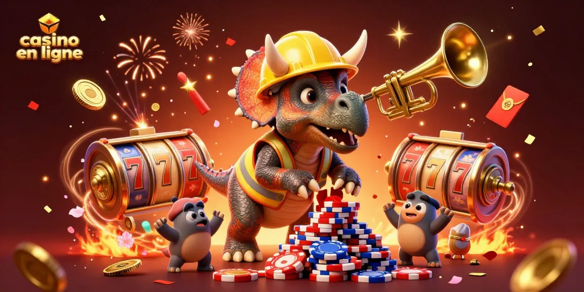 Illustration dynamique célébrant le casino en ligne avec un triceratops construisant des jetons de poker.