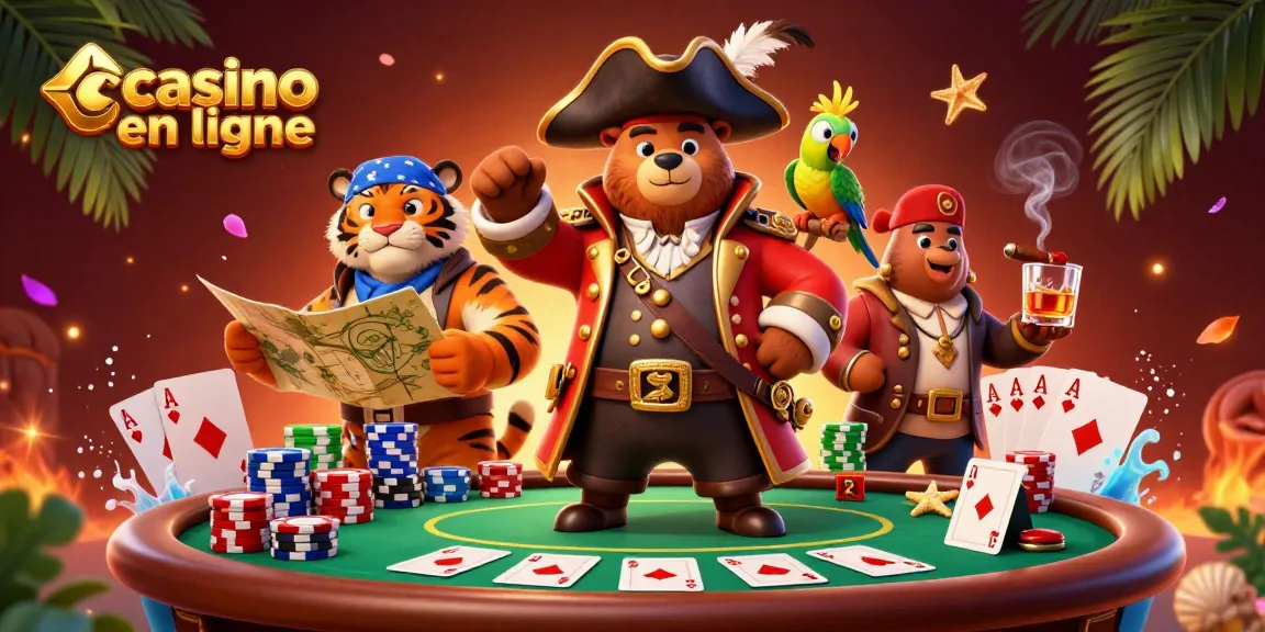 Illustration animée colorée représentant un casino en ligne avec des héros pirates et des éléments de poker.
