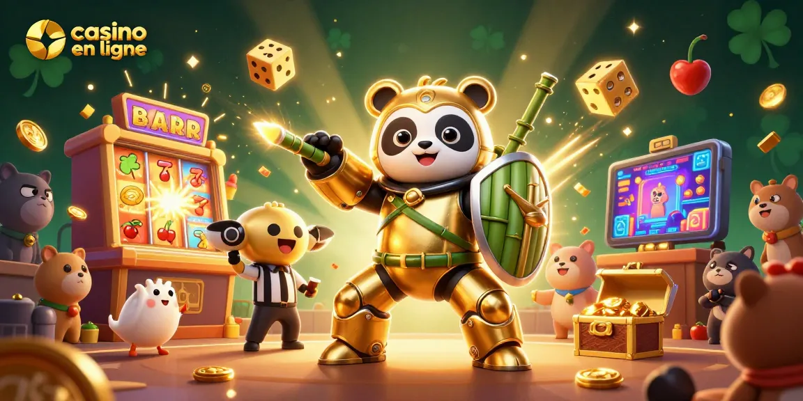 Illustration dynamique d'un panda en mech dans un casino en ligne animé avec des symboles chanceux.