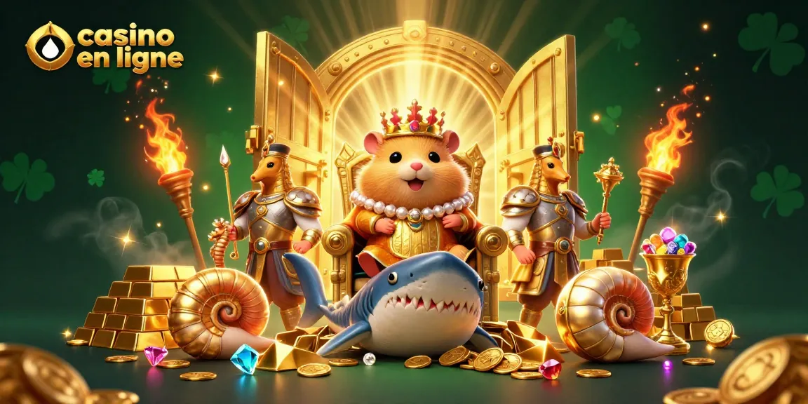 Plongez dans l'univers du casino en ligne avec le roi hamster sur son trône, entouré de trésors scintillants et de gardiens marins.