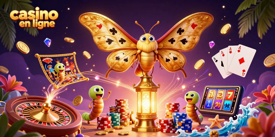 Jouer à casino en ligne avec une illustration 3D d'un papillon atlas doré et des éléments de jeu captivants.