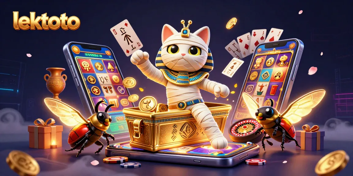 Experience thrilling gaming at lektoto with a dynamic scene featuring a mummy cat and casino elements.